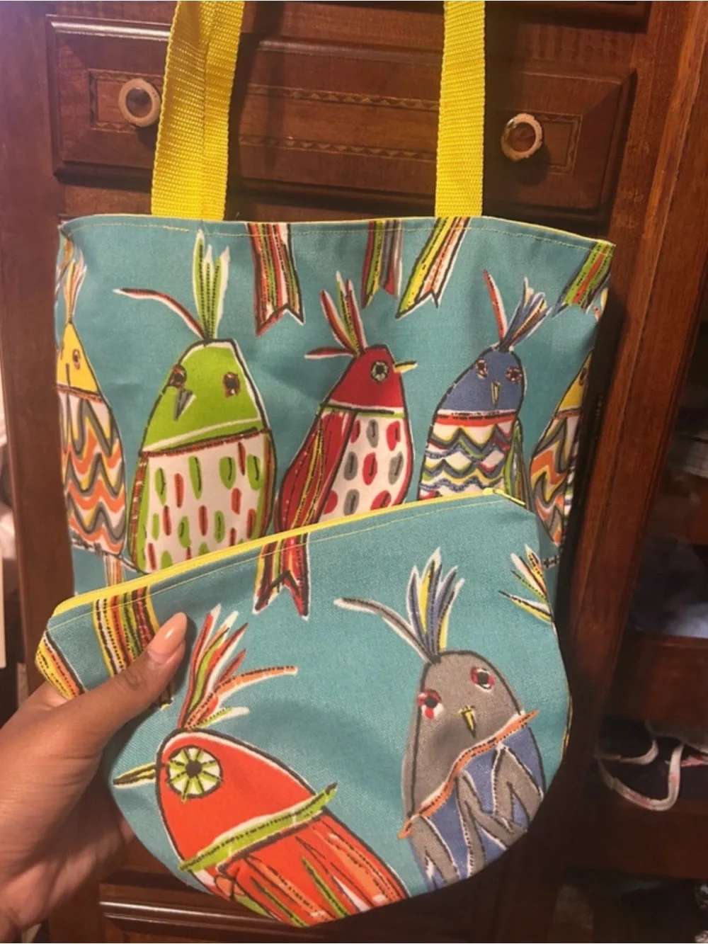 Colorful artsy tote bag with matching clutch